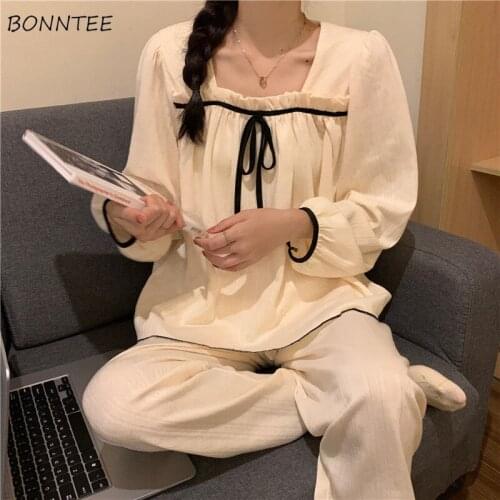 Pajama Sets Women Korean Style Square Collar Bandage Patchwork Tender Apricot Long Sleeve Causal Homewear Sweet Aesthetic Classy