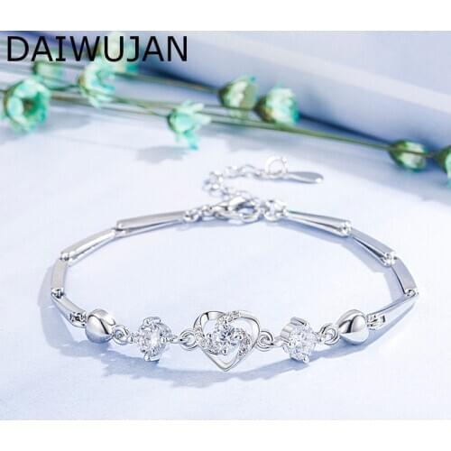DAIWUJAN Romantic Hollow Heart Charm Bracelets Temperament AAAAA Zircon 925 Silver Bracelet For Women Love Valentines Day Gift