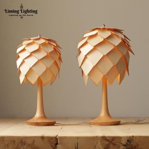 Nordic Modern Turkish Pinecone Art Deco Oak Wooden Mushroom Wood Table Led Desk Night Bedside Lamp Lighting Light For Bedroom