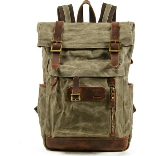 Vintage waxed canvas leather backpack for school teenagers backpacking gear men hiking backpacks