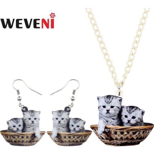 WEVENI Acrylic Cute Grey Double Kitten Cat Basket Necklace Earrings Jewelry Sets Kids Girls Women Pets Charms Gift Decorations
