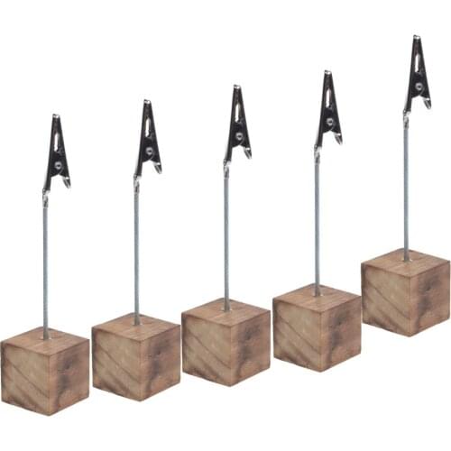 XRHYY 5 Pcs Lightweight Cube Base Memo Clips Holder with Alligator Clip Clasp for Displaying Number Cards (Wooden Base)