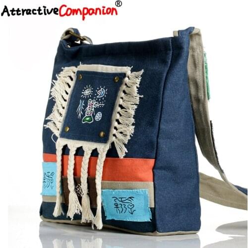 Fringed Women Retro Canvas Handbag Crossbody Messenger National Dongba Character Handmade Shoulder Ethnic Girl Casual Hand Bag