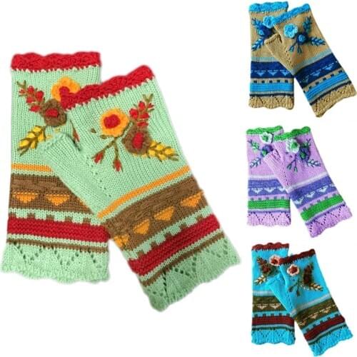Women Winter Chunky Knit Texting Fingerless Gloves Ethnic Vintage Multicolor Striped Crochet Floral Thumb Hole Mittens