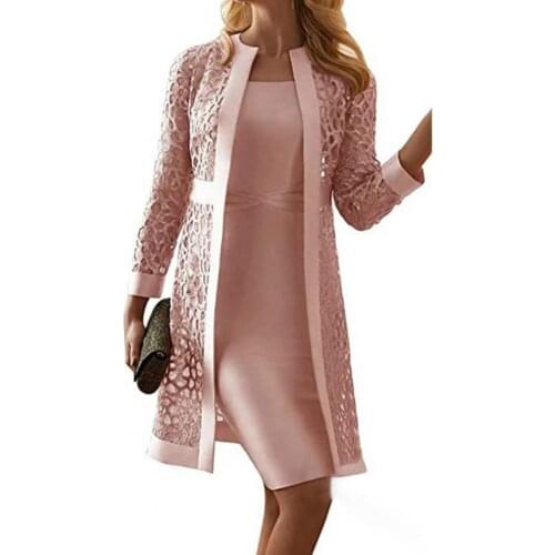 Women Dress Suit Elegant Two Piece Set Outfit Solid Color Lace Cardigan Long Sleeve Office Party Knee-length Dress Coat Set