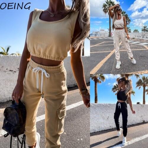 Women Sport Tracksuit Sets Two Piece Outfits Tank Youth Sweatsuit Loose Side Pocket Pants Jogging Set