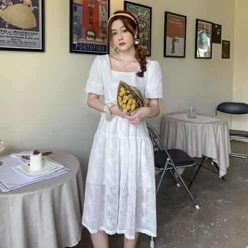 Women Midi White Floral Embroidery Dress Summer 2021 Elegant Retro Casual Party Night Beach Vacation Runway Vestidos Korean New