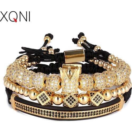 3pcs/Set Punk CZ Micro Pave Crown Beads Bracelet For Men Women Braided Rope Chain Luxury Fashion Jewelry Gift Resize 16-25cm