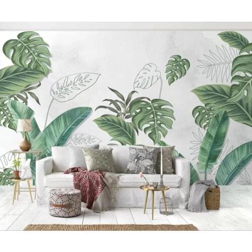 Custom Size large scale 3D mural fresh Nordic plants hand-painted leaves tropical background Self Adhesive wallpaper Waterproof