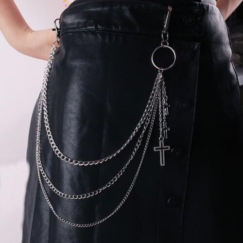 Hip Hop Punk Women Men Jeans Waist Chain Three Layer Belt Pants Key Chain Star Cross Metal Chain Clothing Accessories Jewelry