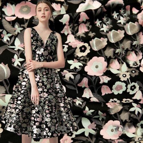 HLQON gold line yarn dyed brocade jacquard pink flower fabric for dress women clothing tissue patchwork quilting 145cm width