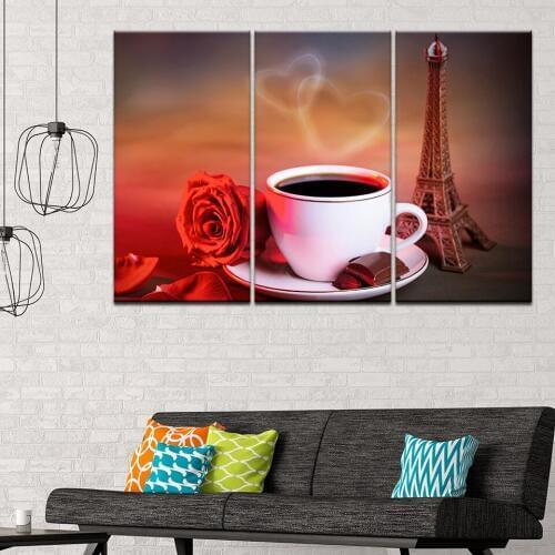 Canvas Painting a cup of coffee with rose 3 Pieces Wall Art Painting Modular Wallpapers Poster Print for living room Home Decor