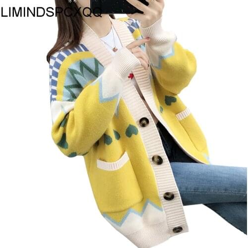 Korean Loose Knitted Cardigan Female Tops Long Sleeve V Neck Woman Sweaters Coats Casual Oversize Winter Clothes Single-Breasted