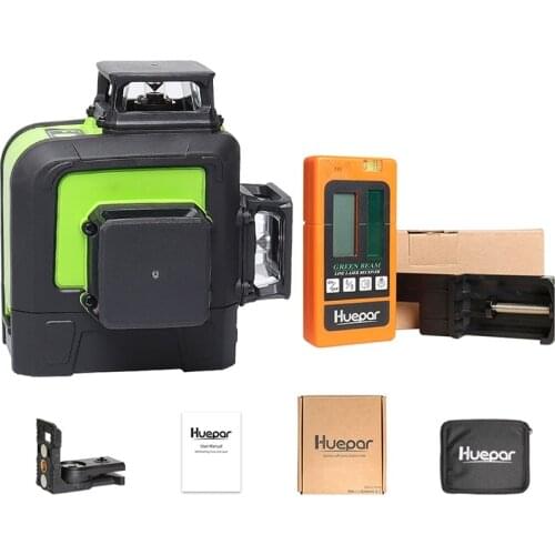 Huepar 12 Lines 3D Cross Line Laser Level Green Laser Beam Self-Leveling 360 Vertical Horizontal with Digital LCD Laser Receiver