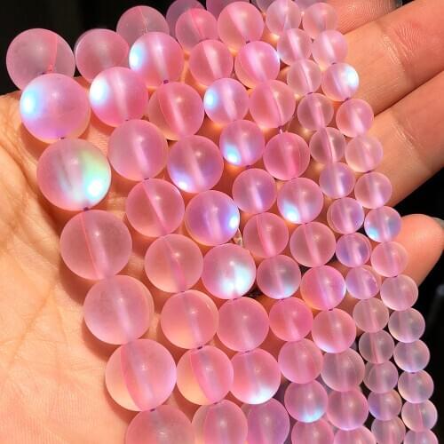 Frosted Pink Austria Crystal Glitter Moon Stone Beads Round Flash Shimmer Beads for Jewelry Making DIY Bracelet 15''6 8 10 12mm