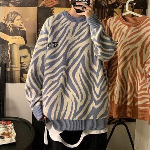 Mens Oversized Warm Sweater Korean Streetwear Fashion Pullovers Sweater Zebra Graphic Printed Casual Male Clothing