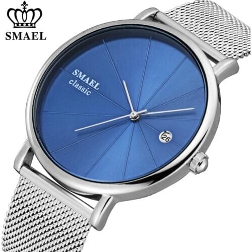 SMAEL Fashion Ultra-thin Mens Watches Waterproof Steel Mesh Belt Slim Quartz Watch Men Luxury Brand Classic Business Wristwatch