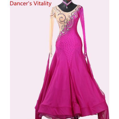 National Standard Dance Competition Costume Diamond Backless Ribbon Sleeve Dress Ballroom Waltz Jazz Modern Dancing Outfits