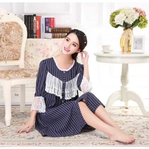 Homewear ladies cotton striped open button sexy lace Nightwear loose plus size nightdress women ночная рубашка new arrival