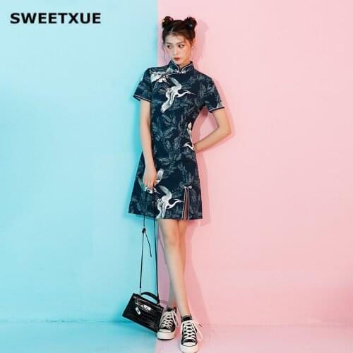 SWEETXUE 2019 Chinese Style Retro cCheongsam Dress Summer Egret Leaf Print Split Special Scene Chic Women Young New Mini Dresses