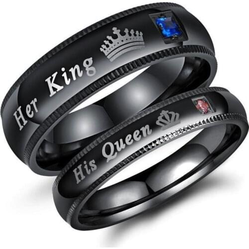 Fashion Couple Rings Her King His Queen Statement Rings Stainless Steel Zircon Crown Ring Romantic Anniversary Wedding Band Ring
