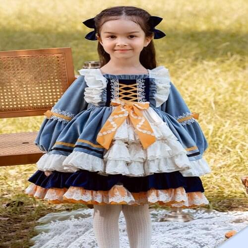 Autumn and Winter New Girls Lolita Skirt Children Princess Dress Velvet Long-Sleeved Party Evening Dress