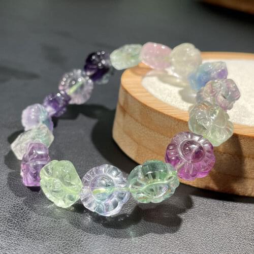 Natural Colorful Fluorite Crystal Flower Carved Clear Beads Bracelet 12x12mm Crystal Fluorite Women Men AAAAA