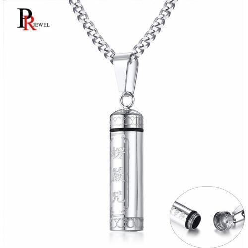 Religious Buddhism Urn Necklaces for Men Silver Color Tone Stainless Steel Cylinder Ash Pendant Can Be Opened