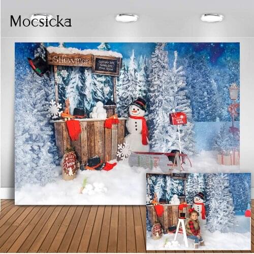 Christmas Winter Snow Scene Portrait Photography Backdrop Snowman Kids Children Portrait Photoshoot Background Pine Tree Shop