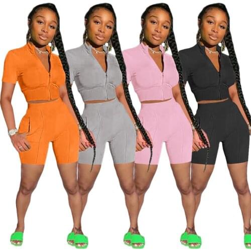 S-2XL sport two piece set women outfit summer 2021 casual zipper short sleeve top and shorts with pocket Wholesale Dropshipping