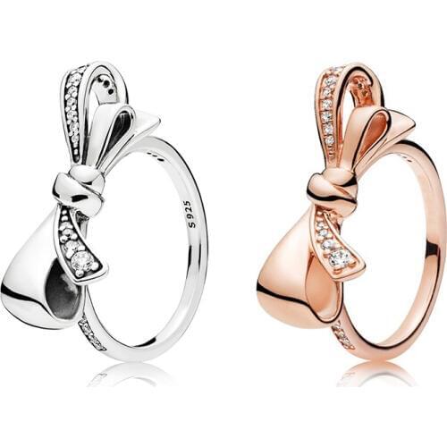 Silver Color Ring Charms Rose Gold Diy Bowknot With Crystal Fashion Style Ring For Women Party Gift Fine Jewelry