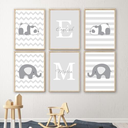 Grey Panda Elephant Letter M Letter E Nordic Posters And Prints Wall Art Canvas Painting Nursery Wall Pictures Kids Room Decor