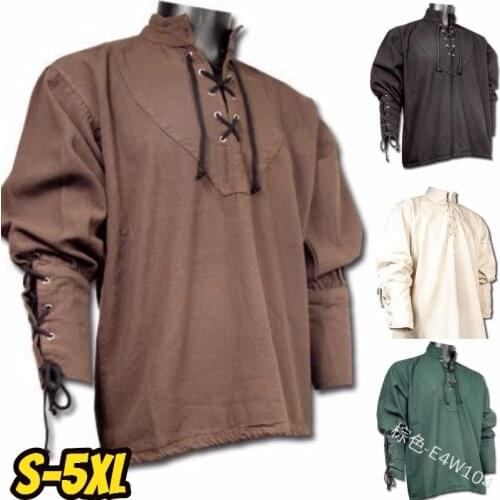 Adult Men Medieval Renaissance Grooms Pirate Top Tunic Costume Bandage Shirt Knight Punk Viking Cosplay Warrior Peasant Blouse