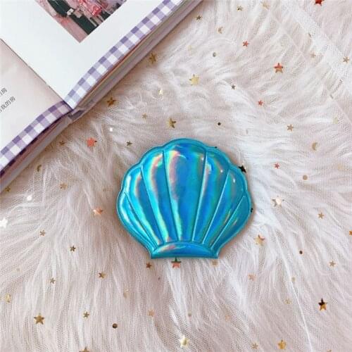 Y1UF Creative Sea Shell Shaped Holographic Rainbow Colored Magnifying Compact Cosmetic Double Sided Folding Pocket Mirror
