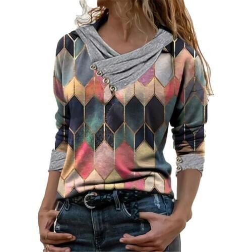 New Stylish Retro Geometric Print Shirt Printed V-Neck Blouse Long Sleeve Pullover Tops for Women