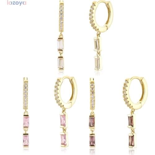 Lozoya 925 Sterling Silver Three Color Zircon Two Zircon Chain Drop Earring Women Piercing Pendiente Clips Luxury Party Loops