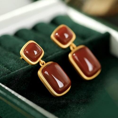 Retro Red Square Stud Earring for Women Chinese Fashion Vintage Ethnic Palace 2021 Trendy Dating Jewelry Pendientes Wholesale
