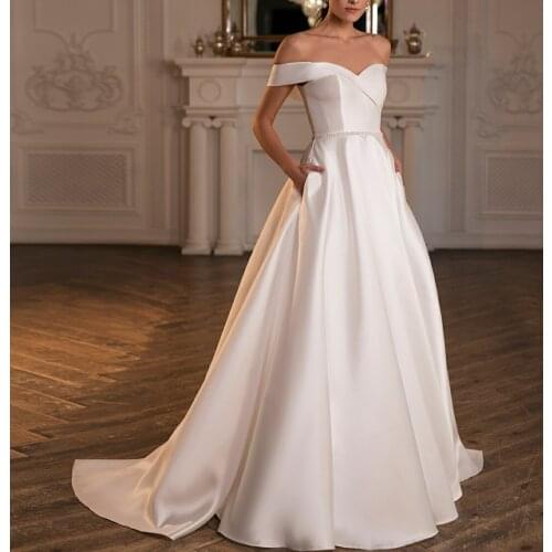 Elegant Long Satin Off Shoulder Wedding Dresses Ivory A-Line Lace Up Back V-Neck Robes De Mariée Bridal Gown For Women
