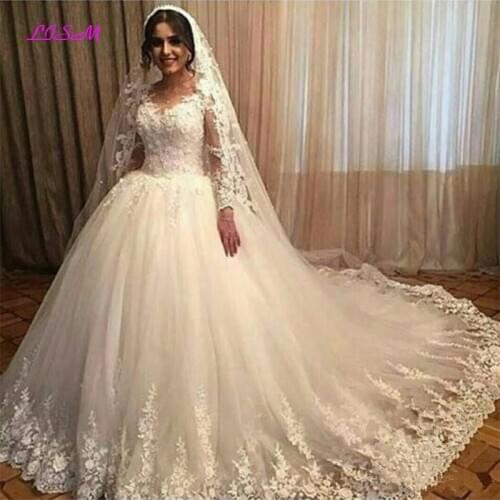 Scoop Long Sleeves Lace Appliqeus Tulle Wedding Dresses Plus Size Ball Gown Bridal Dress Lace Wedding Gowns vestidos de novia