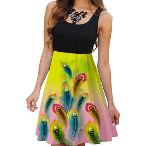 S-5XL Women Knee Length Sleeveless Tank Straps Dress Feathers Print Beach Style Knitted A-line Dress