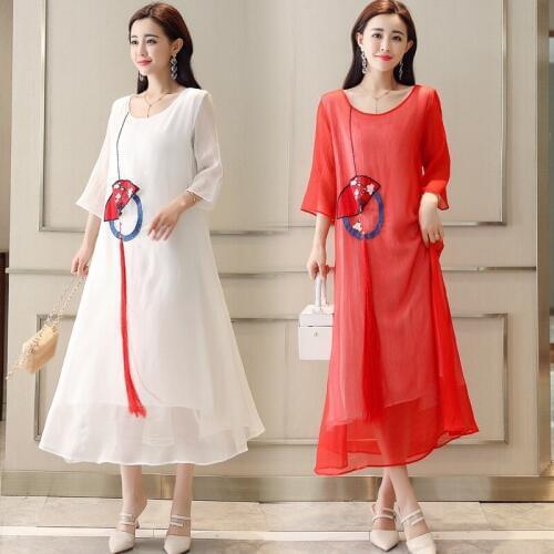 Vintage Womens Dresses New Arrival 2019 Retro Dress O Neck Embroidery Long Ladies Dresses Ethnic Robe Vintage Femme AA4763