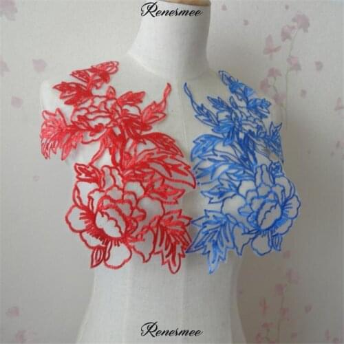 1Pair/2pcs Blue/Red Lace Applique Neckline Collar Appliques Embroidery Lace Trim Fabric Cloth Sewing Patchwork DIY Craft 33X20.5