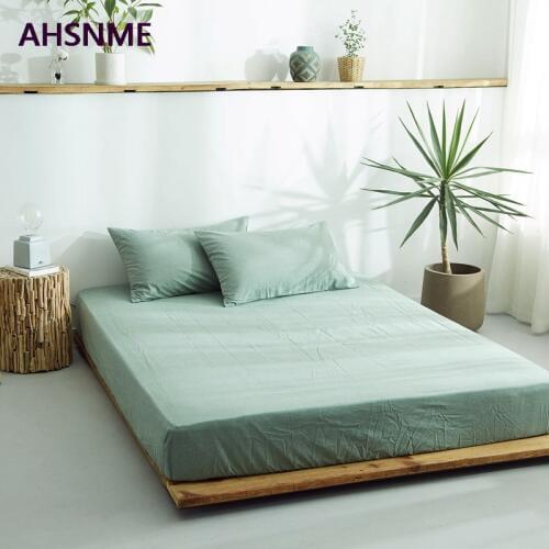 AHSNME Very comfortable Grass Green 100% Cotton sheets Super Soft Washed cotton special wrinkle process Fitted Sheet Multi-size