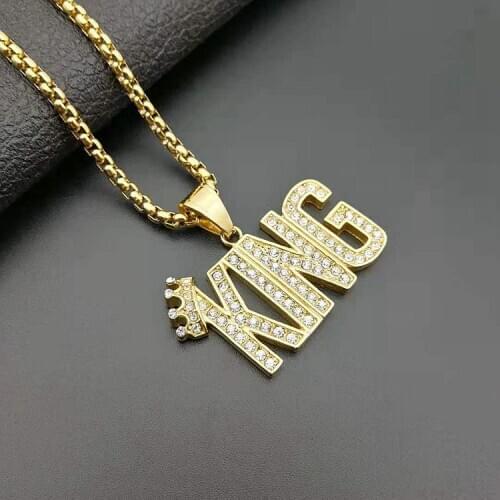BlingBling full Rhinestone crown KING pendant necklace Gold color stainless steel King Crown hiphop rapper dancer performance
