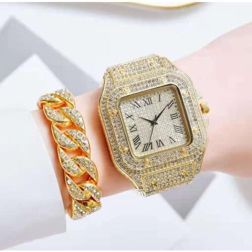 Watch for Women Men Luxury Hip Hop Full Iced Out Gold Watches with Cuban Chain Quartz Square Bracelet Set for Women Reloj Mujer