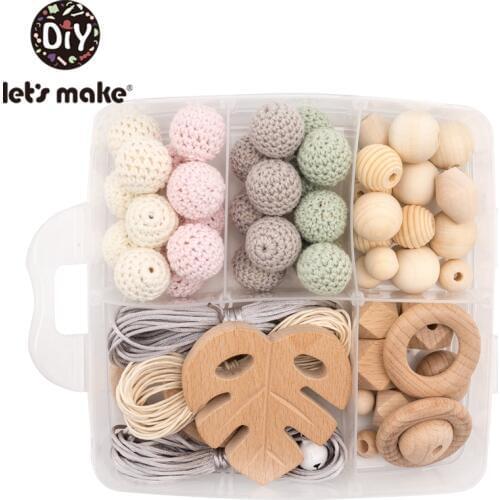 Lets Make Wooden Teether Set Accessories Beech Maple Leaves Colorful Crochet Beads Baby Hands-on Toys Rattles Baby Teether