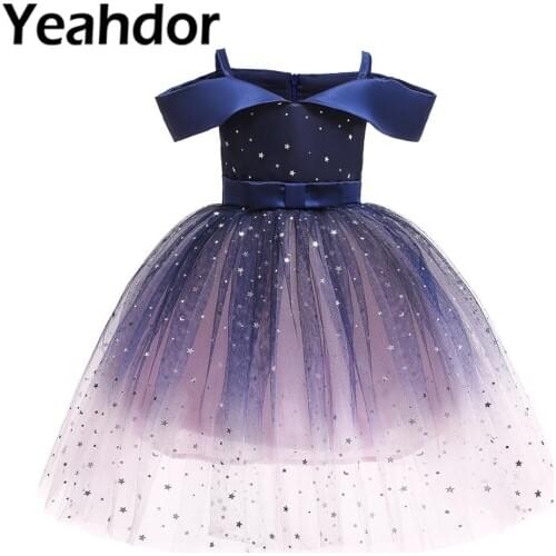 Kids Girl Princess Dress Off the Shoulder Sparkle Stars Flower Girls Tutu Ball Gown Dress for Wedding Birthday Party Dresses