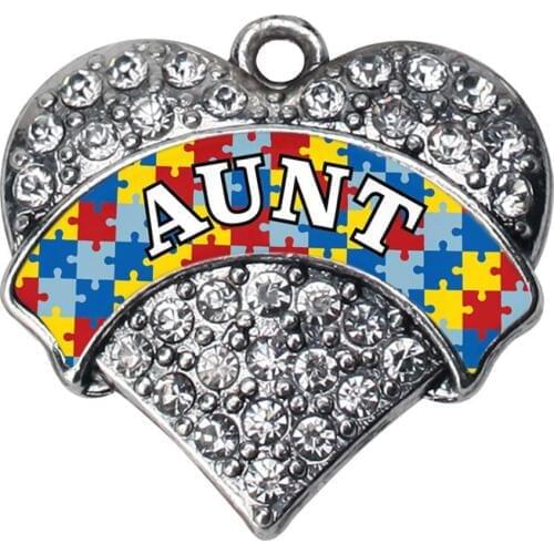 White Crystal Puzzle Piece Autism Heart Charm With Aunt Mom Nana Sister Teacher Sticker Names Family Member Gift Accessories