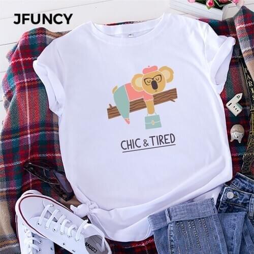 JFUNCY Plus Size Women Tops Cotton T-shirt Summer Short Sleeve Oversize Tshirt Koala Print Casual Loose Female Tee Shirts
