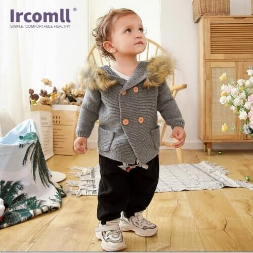 Ircomll Toddler Girl Winter Clothes Baby Cardigans Fur Bear Hooded Solid Warm Knitted Coat for Boy Girl Toddler Sweater 0-24M